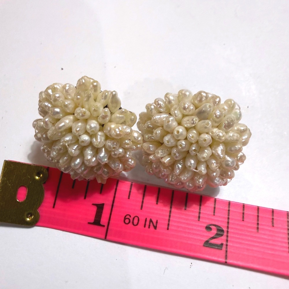 Vintage Cream Seed Pearl Cluster Stud Earrings Round Pom-Pom Statement Silver